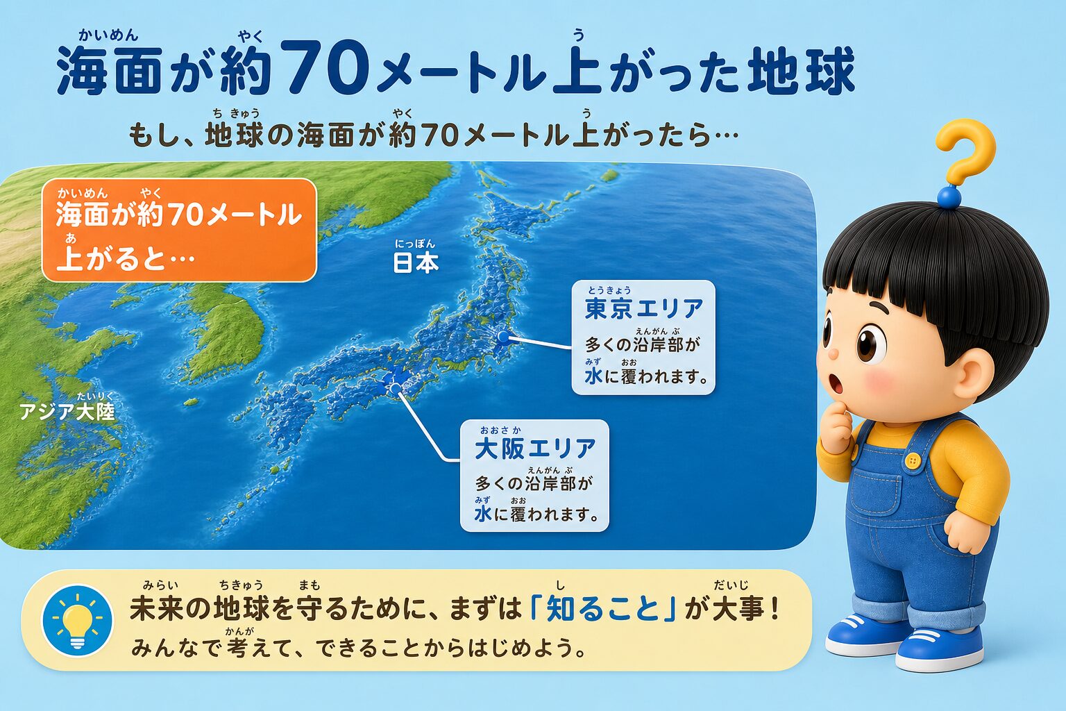 北極と南極の氷が全部溶けると海面が約70メートル上がり、東京や大阪の沿岸部が水に覆われることを示した図解