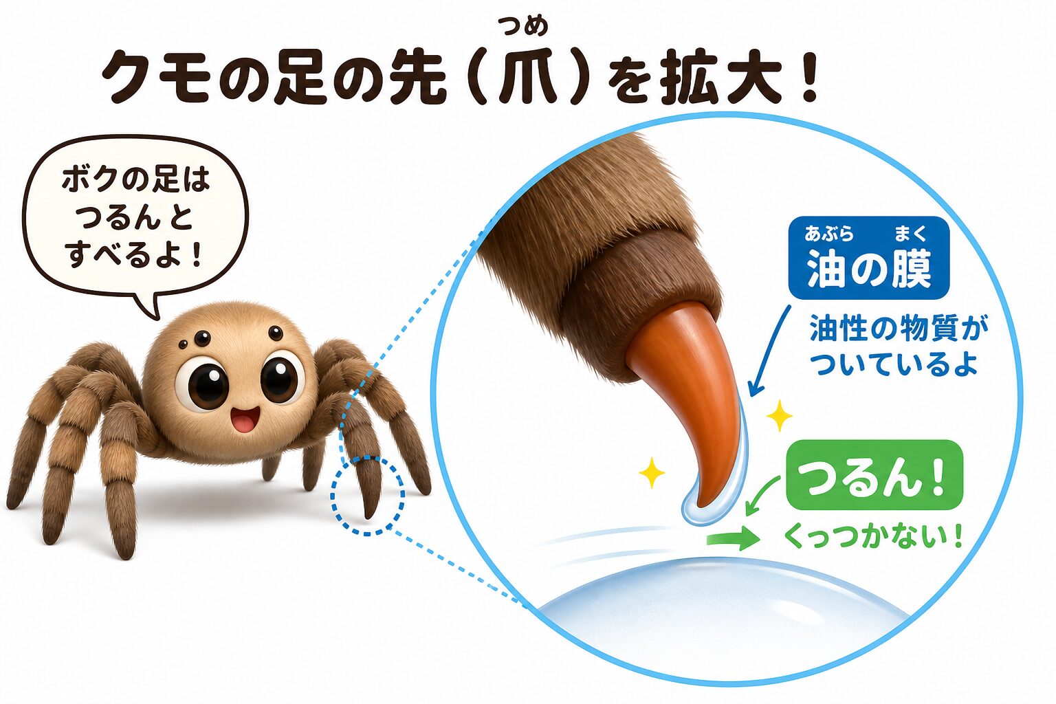 クモの足の先に油の膜があり、粘着糸にくっつかないしくみを拡大して示した図解