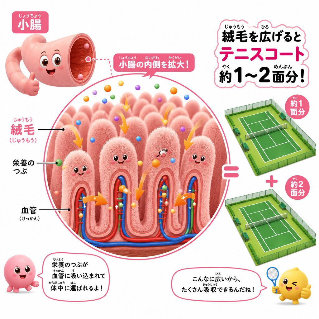 小腸の絨毛が栄養を吸収するしくみ。広げるとテニスコート約1〜2面分になることを示す図解