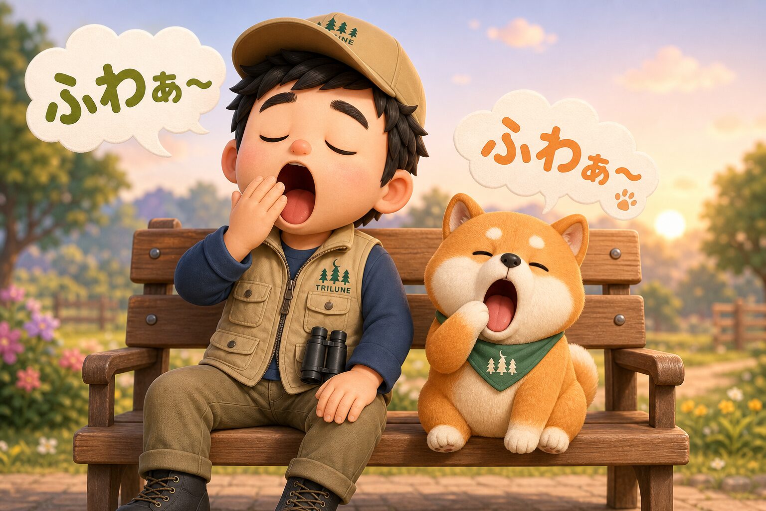 ワクパパのあくびがとなりの犬にもうつっている、動物にもあくびが伝染することを示したイラスト