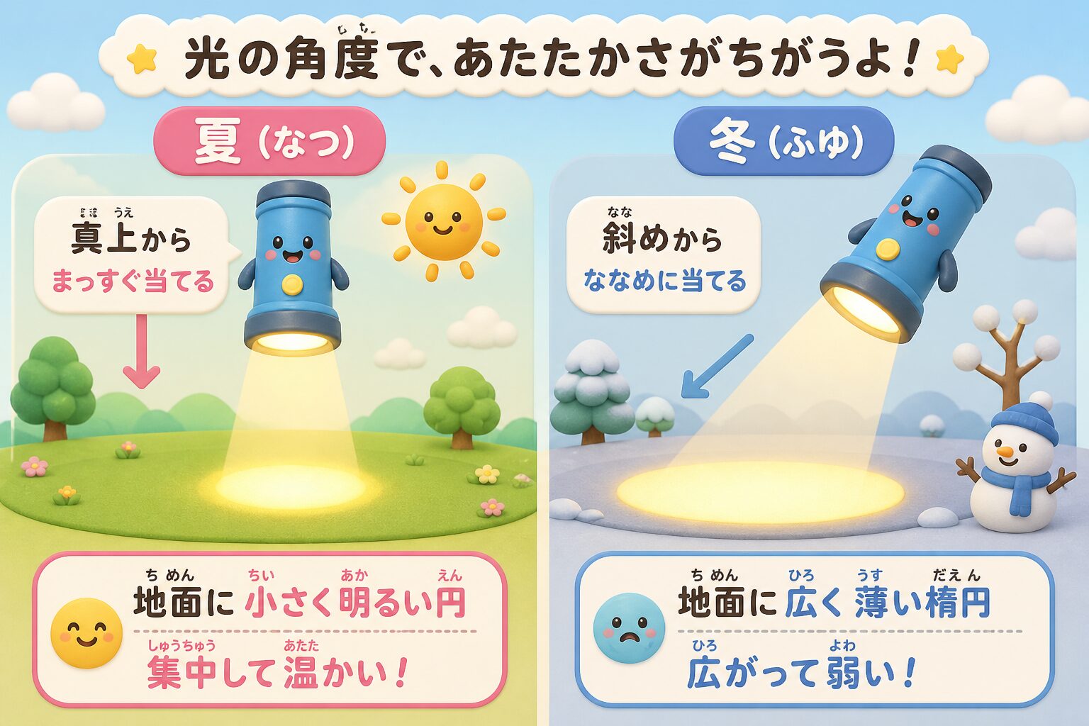 日光が当たる角度の違いを懐中電灯でたとえた図解。真上からは集中して温かく、斜めからは広がって弱い
