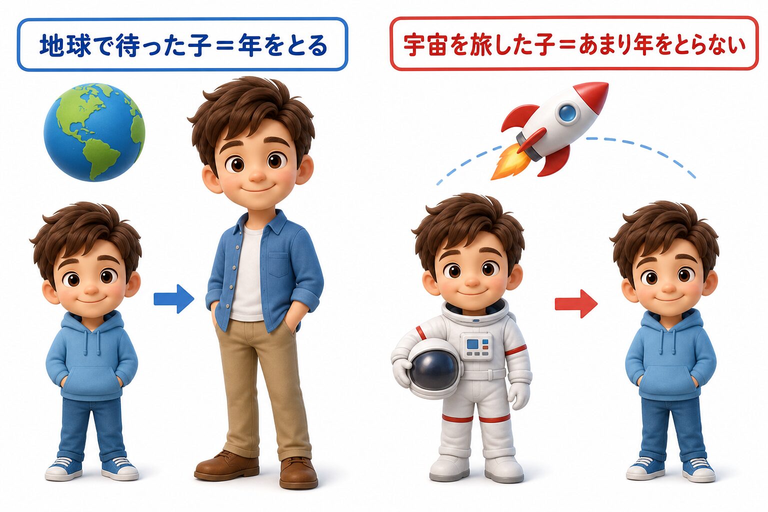 双子のパラドックス。地球で待った子は年をとり、宇宙を旅した子はあまり年をとらないことを示す図解