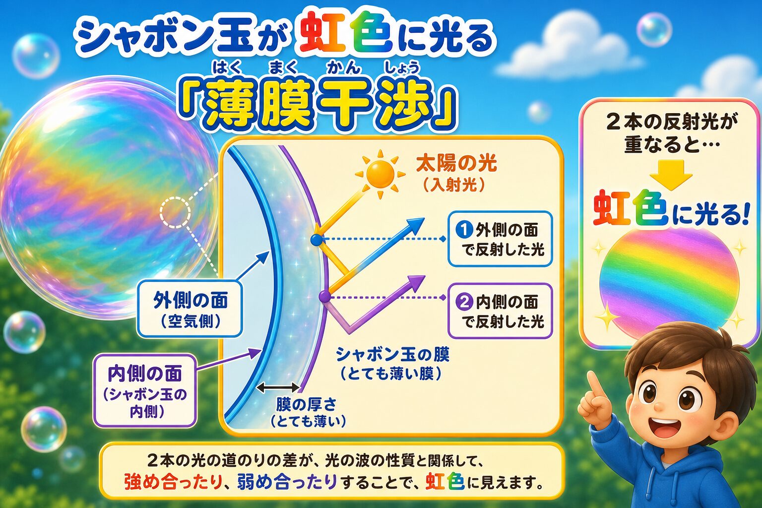 シャボン玉の薄い膜の外側と内側で反射した光が重なって虹色に見える薄膜干渉の図解
