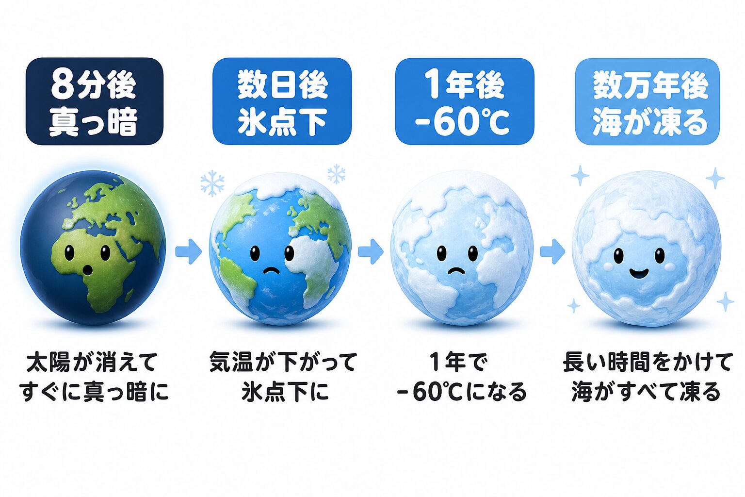 太陽が消えたあと、8分後・数日後・1年後・数万年後と地球が冷えて凍っていくタイムラインの図解