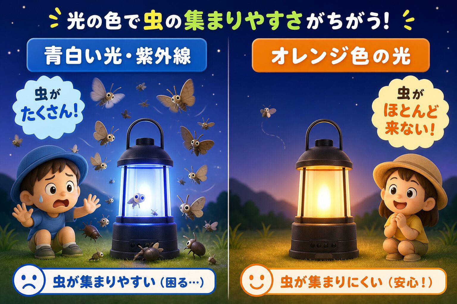 青白い光や紫外線には虫が集まりやすく、オレンジ色の光には集まりにくいことを比べた図解