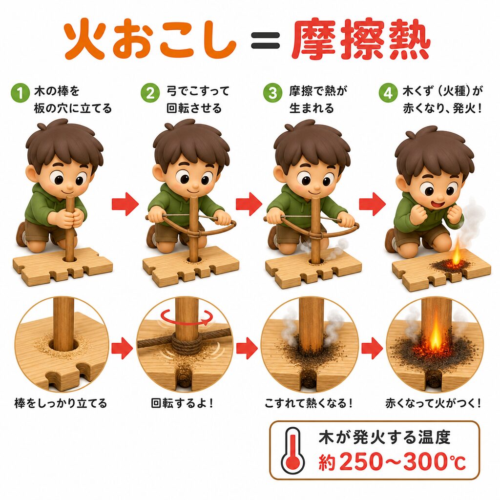 火おこしは摩擦熱を使う。棒を板でこすり約250〜300℃まで上げて発火させる手順の図解