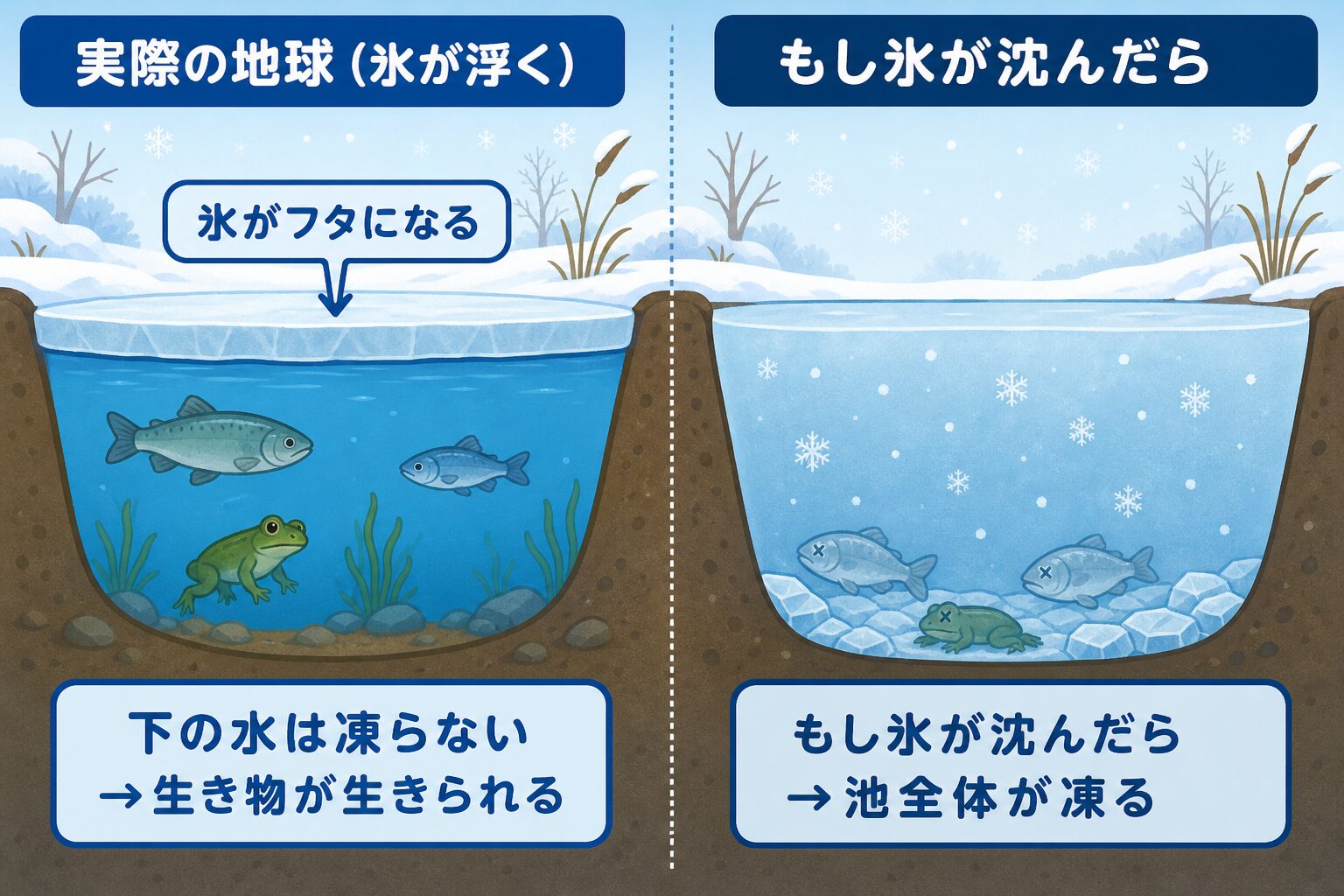 冬の池で氷がフタになり下の生き物が生きられる仕組みの図解