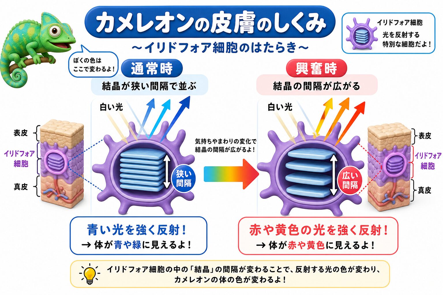 カメレオンの皮膚のイリドフォア細胞で、結晶の間隔が変わると反射する光の色が変わるしくみの図解