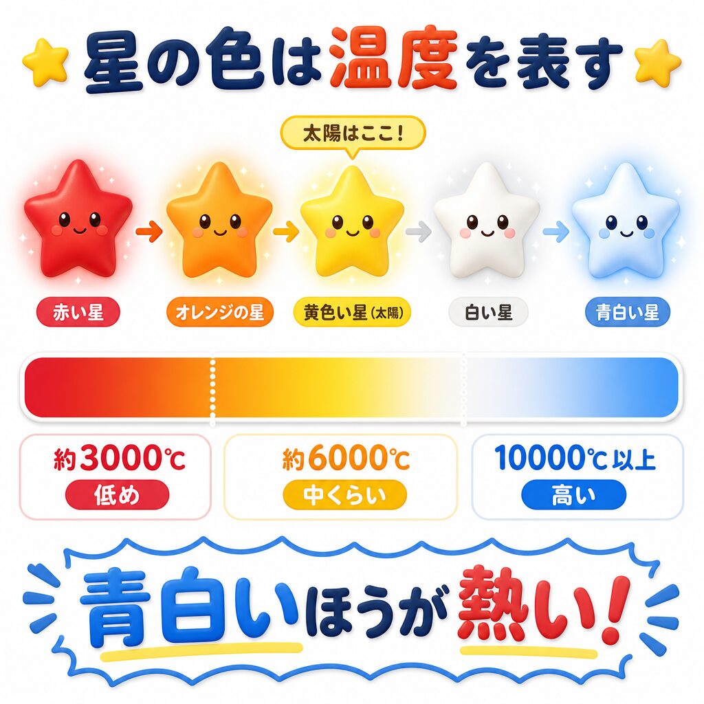 星の色と温度。赤い星は約3000℃、太陽は約6000℃、青白い星は10000℃以上で青白いほうが熱いことを示す図解