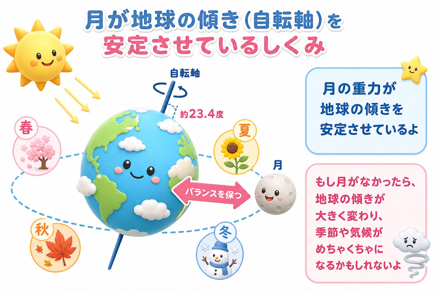 月の重力が地球の傾き（約23.4度）を安定させ、もし月がないと季節や気候が大きく変わることを示した図解