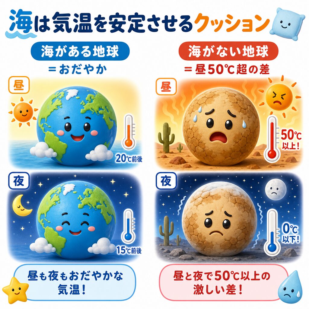 海がある地球は気温がおだやか、海がない地球は昼夜で50℃以上の差が出ることを比べる図解