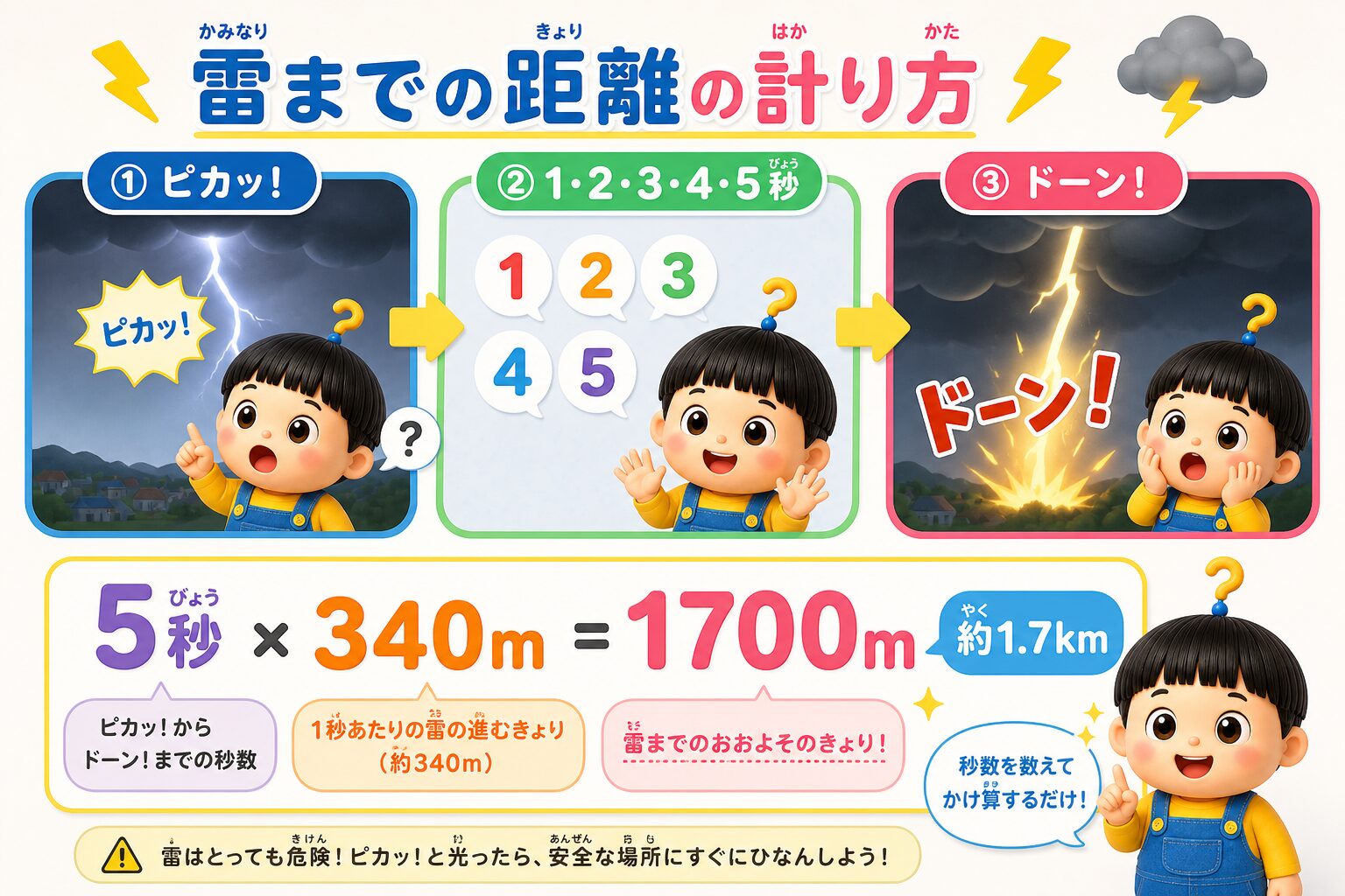 雷が光ってから音が聞こえるまでの秒数×340メートルで、雷までの距離がわかることを示した図解