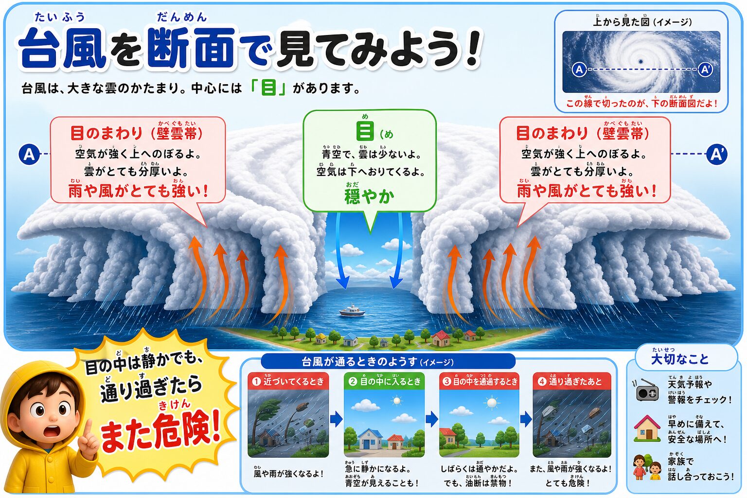 台風を断面で見た図解。中心の目は下降気流で穏やか、まわりの壁雲帯は上昇気流で雨や風が強い