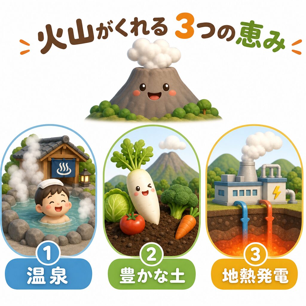 火山がくれる3つの恵み。温泉・豊かな土・地熱発電を示す図解