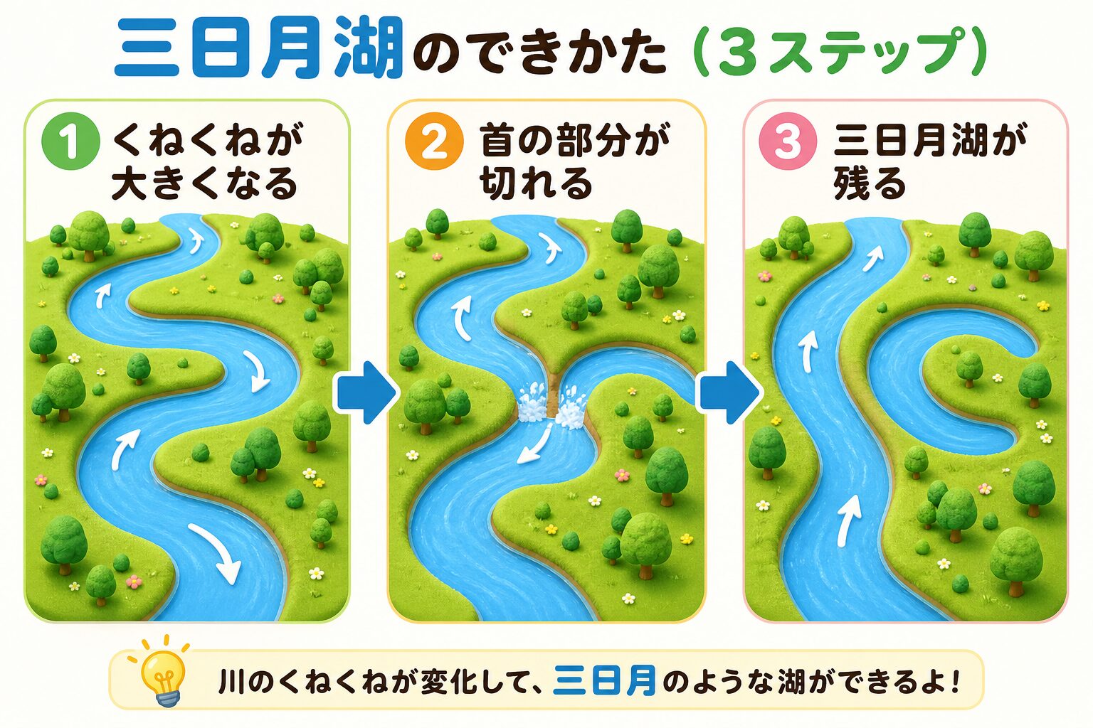 川の蛇行が進んで首が切れ、三日月湖ができる3ステップを示した図解