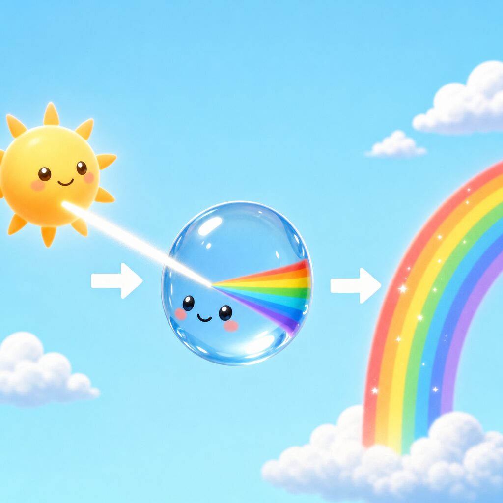 太陽の白い光が水のつぶに入り赤から紫に分かれて虹になるしくみの図解