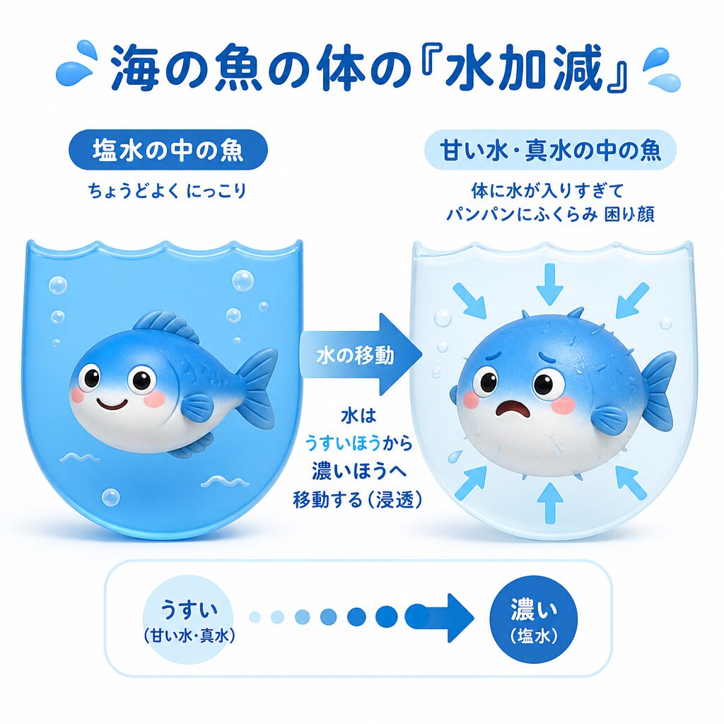 海の魚は塩水仕様で甘い水だと体に水が入りすぎてふくらむ浸透の図解