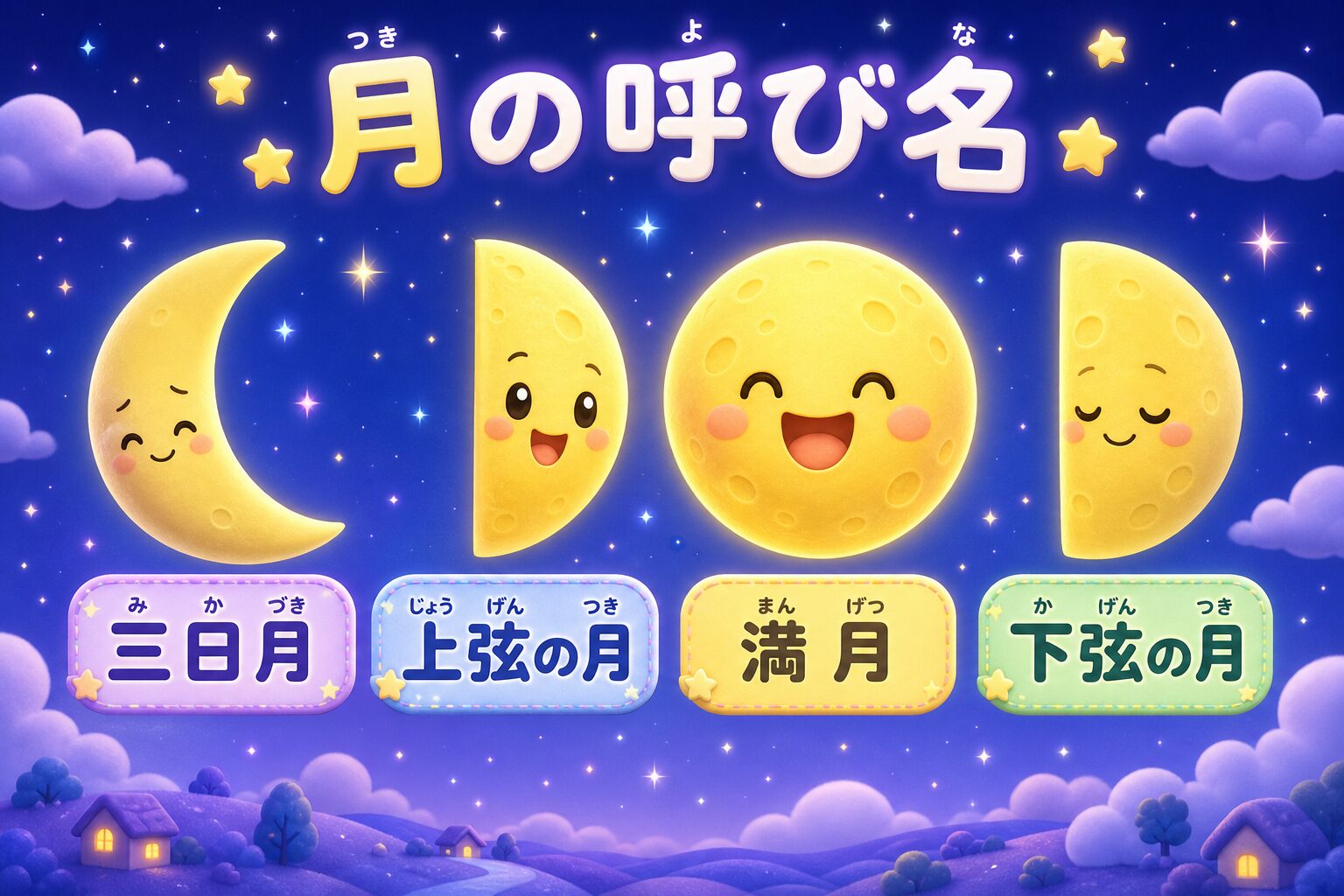三日月・上弦の月・満月・下弦の月の4つの月の呼び名と形を示した図解