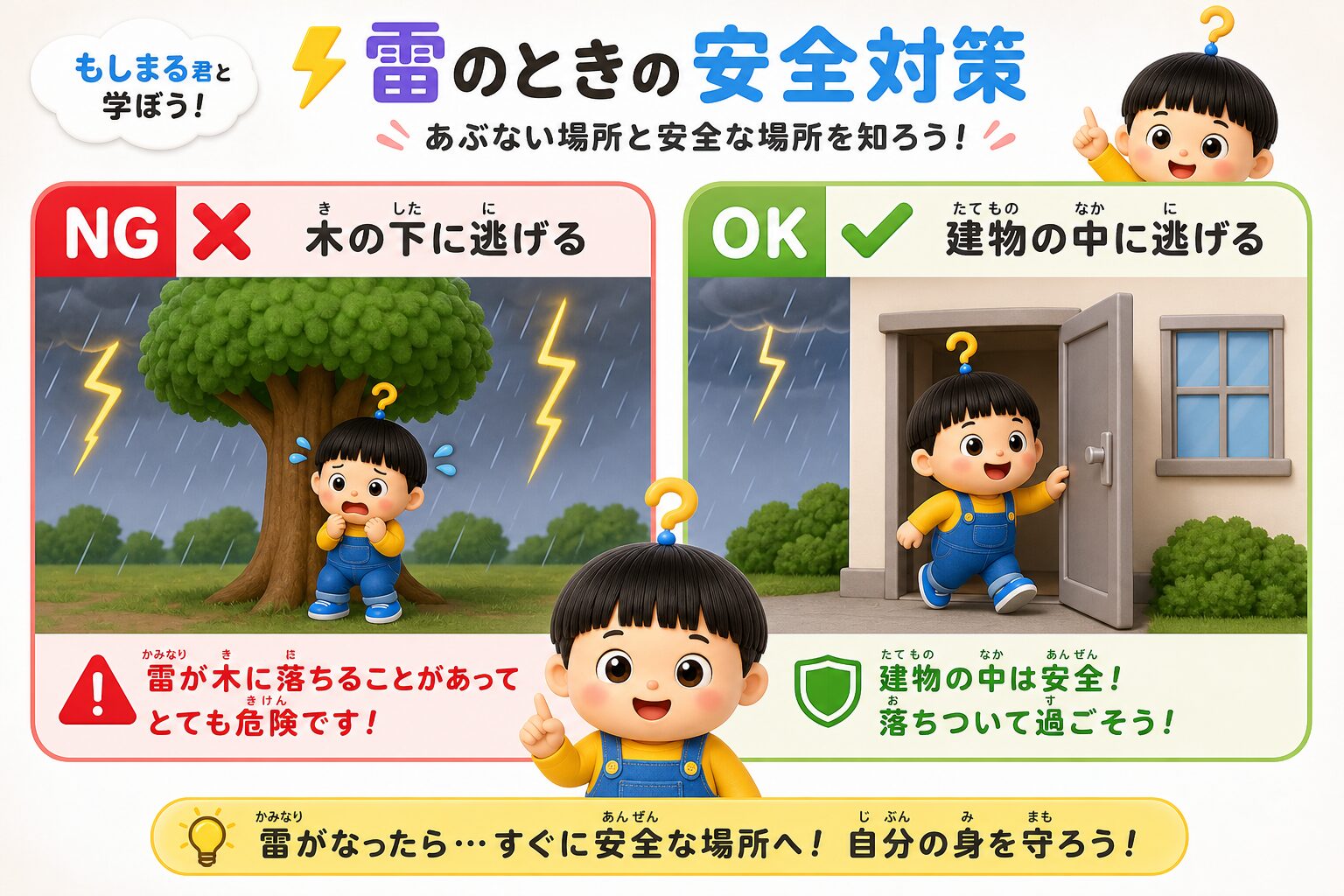 雷のとき木の下はNG、建物の中に逃げるのがOKという安全対策を示した図解