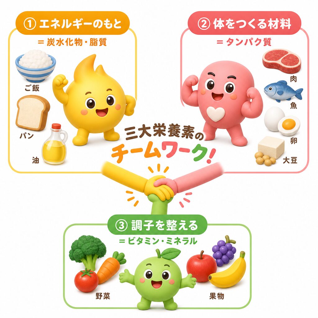 三大栄養素のチームワーク。炭水化物脂質・タンパク質・ビタミンミネラルの役割を示す図解