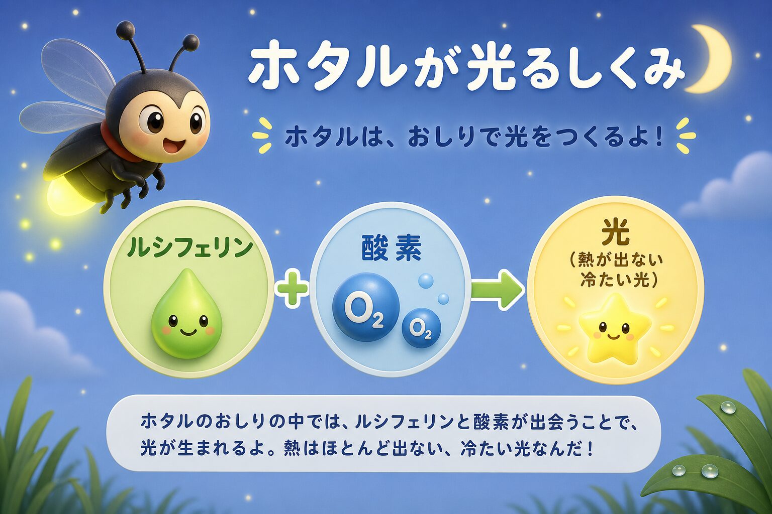 ホタルがルシフェリンと酸素の反応でおしりを光らせる、熱の出ない冷たい光のしくみの図解