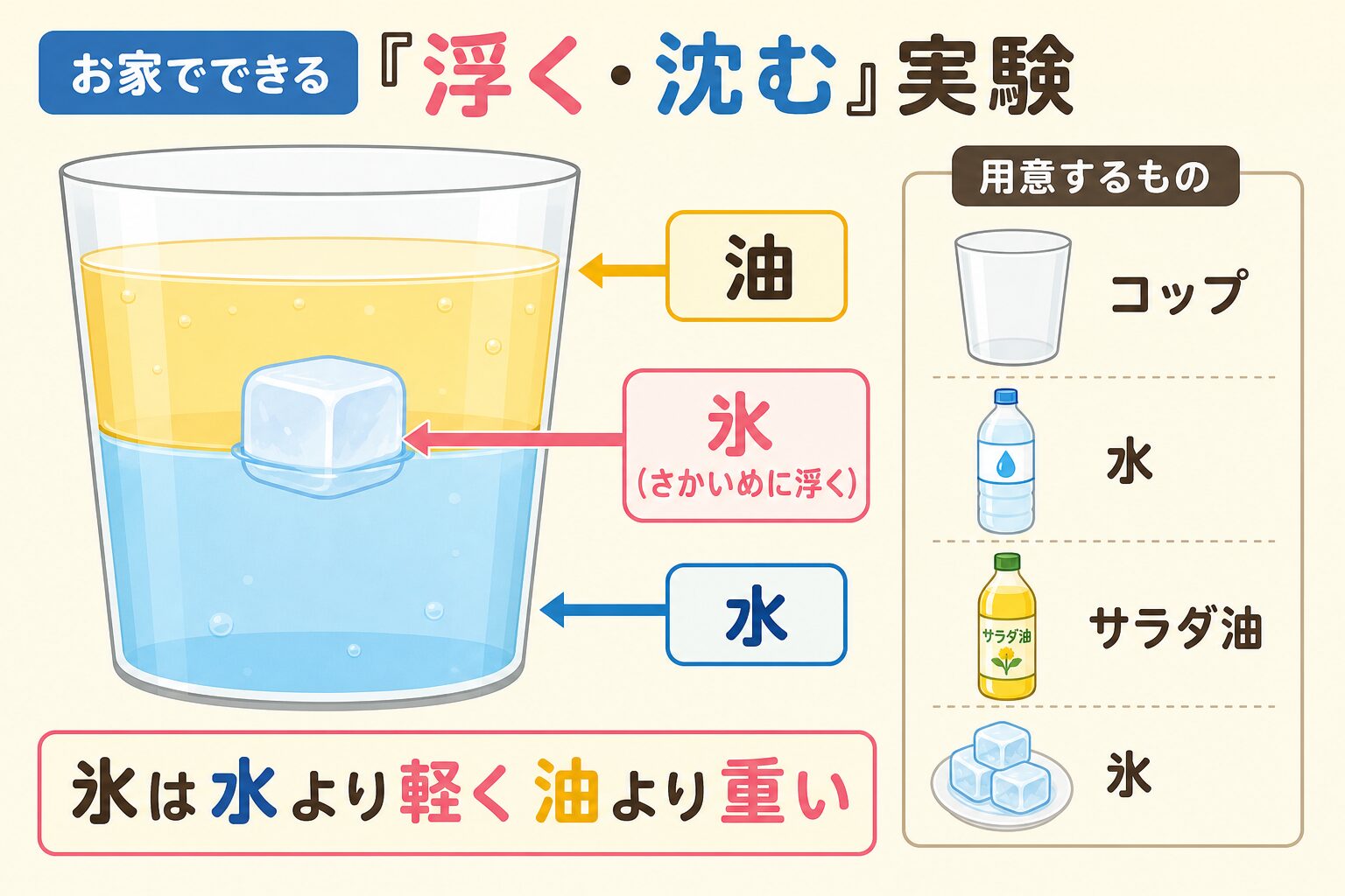 水と油と氷の3層で密度を比べる実験の図解