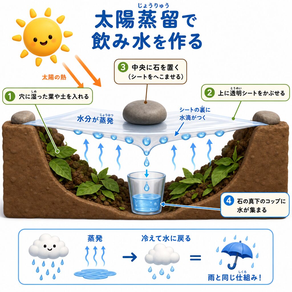 太陽蒸留で飲み水を作るしくみ。蒸発して冷えて水に戻る、雨と同じ仕組みを示す図解