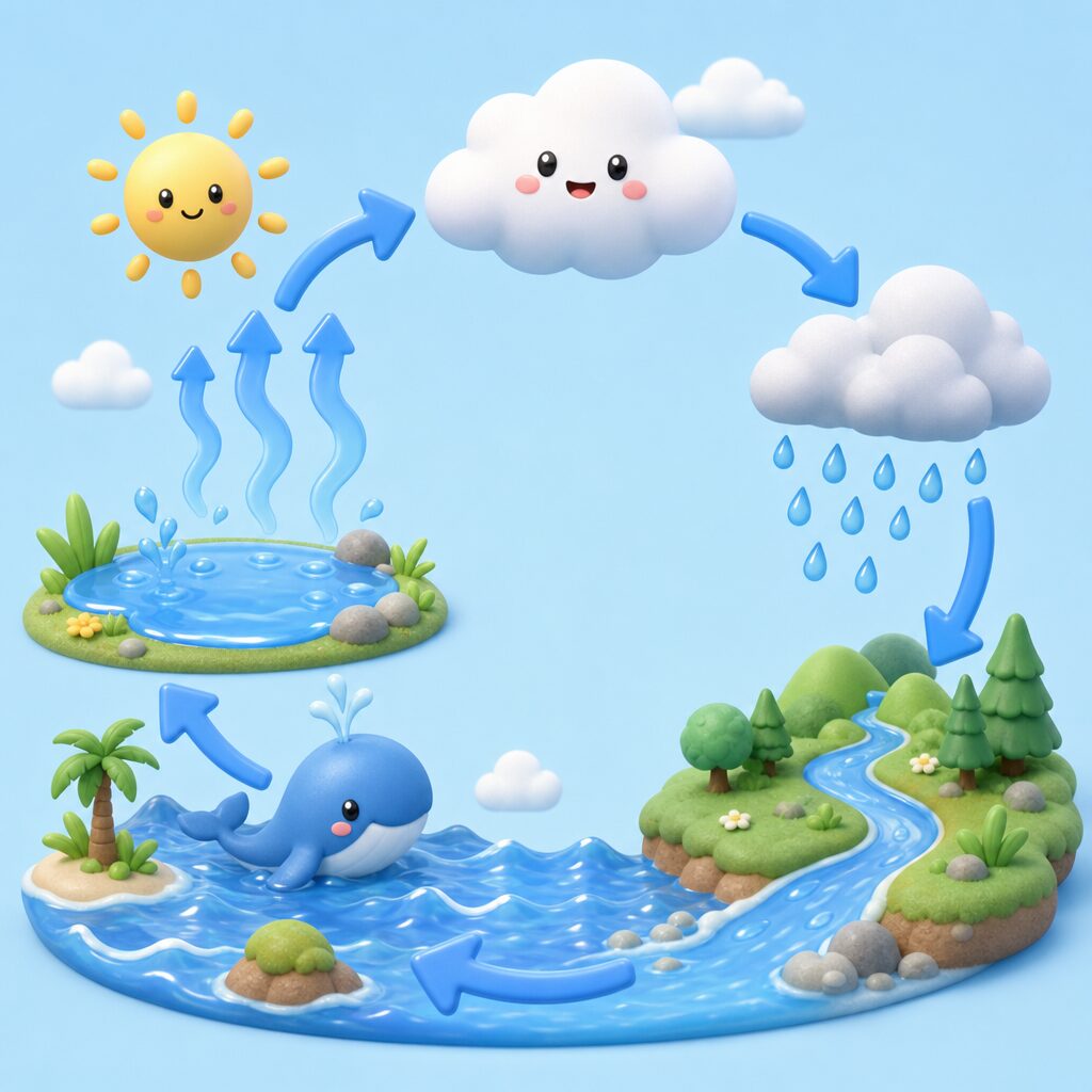 海から蒸発し雲・雨・川をめぐる水の循環の図解