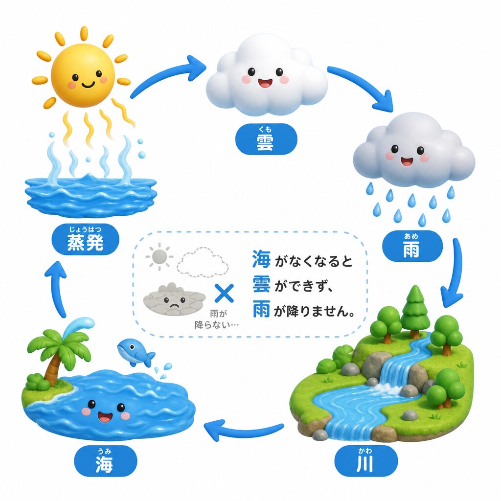 海の水が蒸発し雲・雨・川を通ってまた海へ戻る水の循環の図解