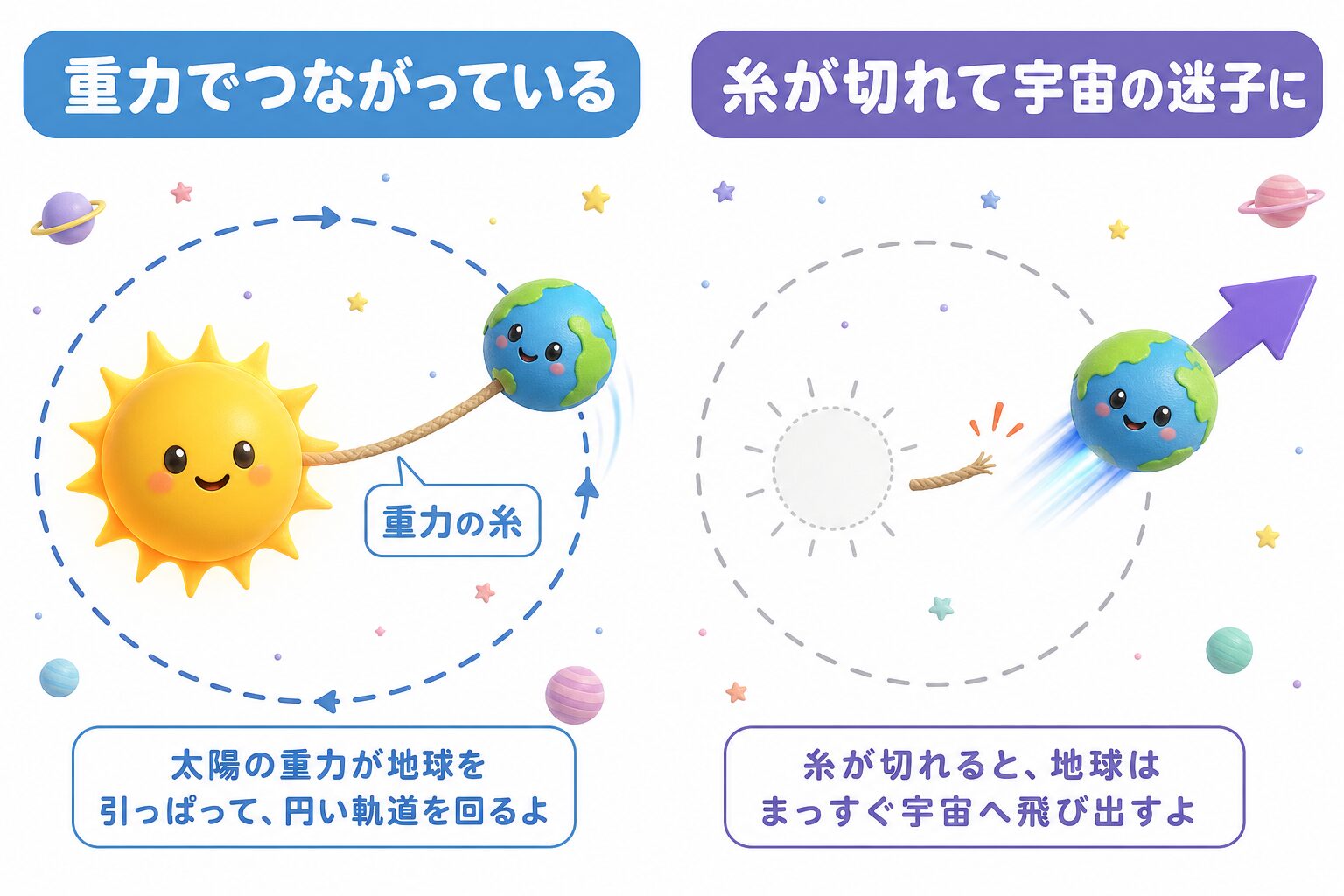 太陽の重力で地球が軌道を回るしくみと、太陽が消えると糸が切れて地球が宇宙へ飛び出すことを示す図解