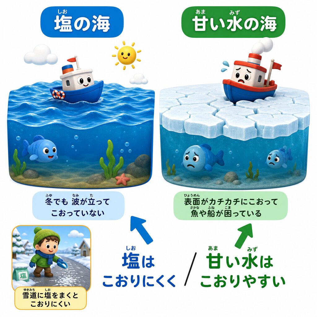 塩の海はこおりにくく甘い水の海はこおりやすいことを示す図解