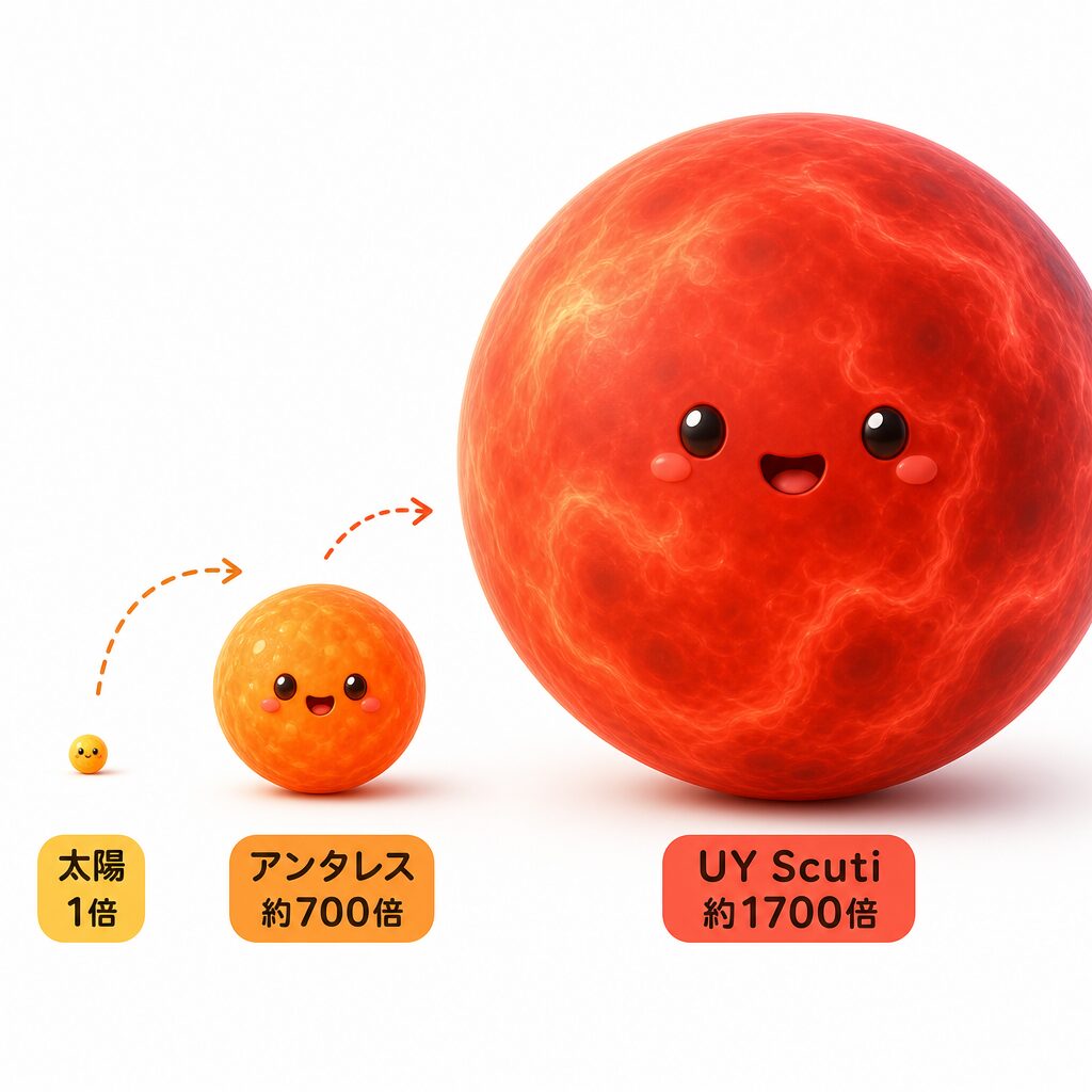 太陽1倍・アンタレス約700倍・UY Scuti約1700倍の星の大きさ比較図解