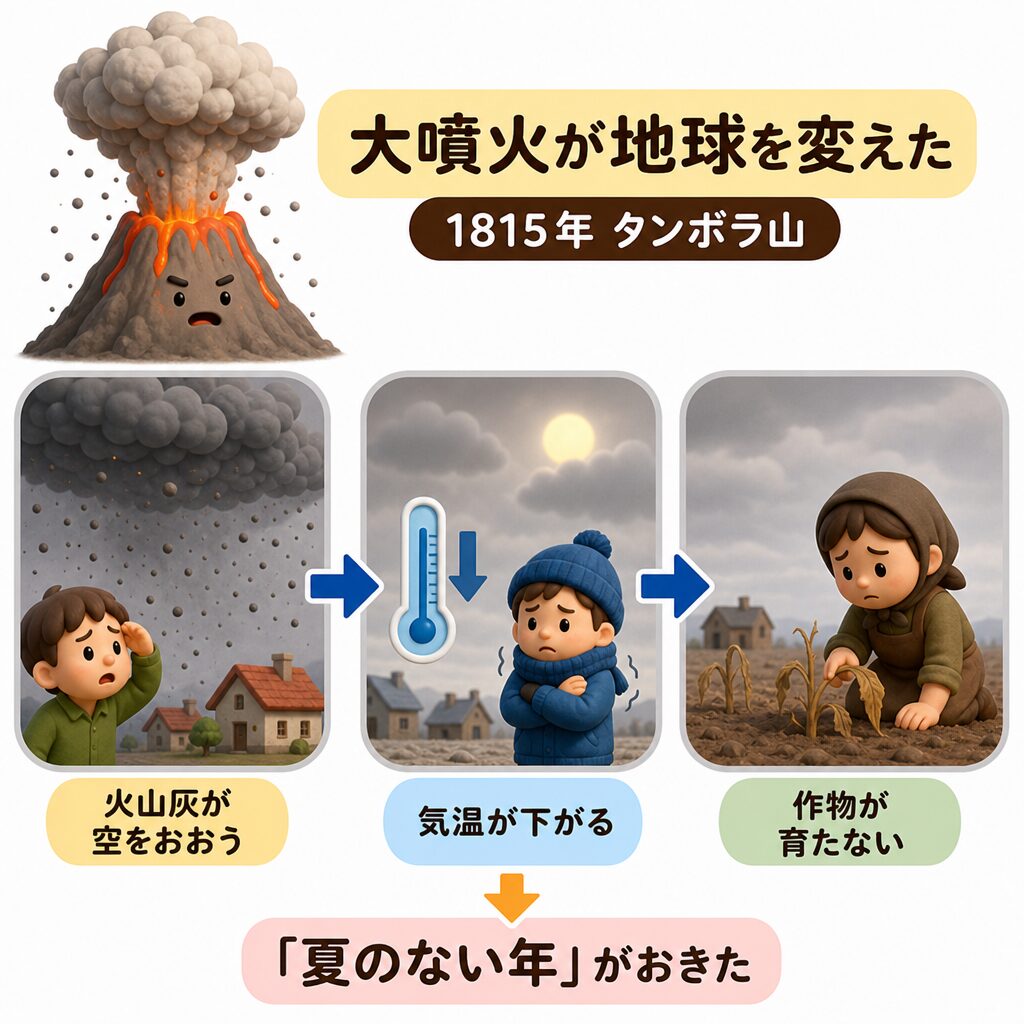 1815年タンボラ山の大噴火で火山灰が空をおおい気温が下がり夏のない年が起きた図解
