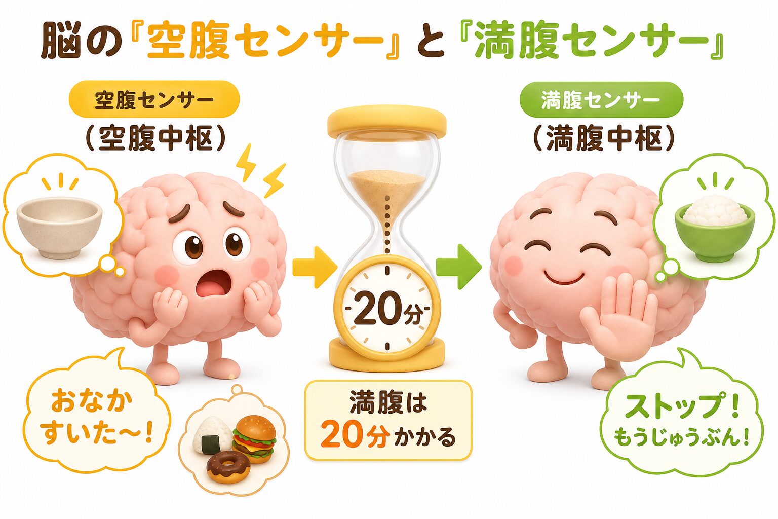 脳の空腹センサーと満腹センサーのはたらきと、満腹を感じるまで約20分かかることを示した図解