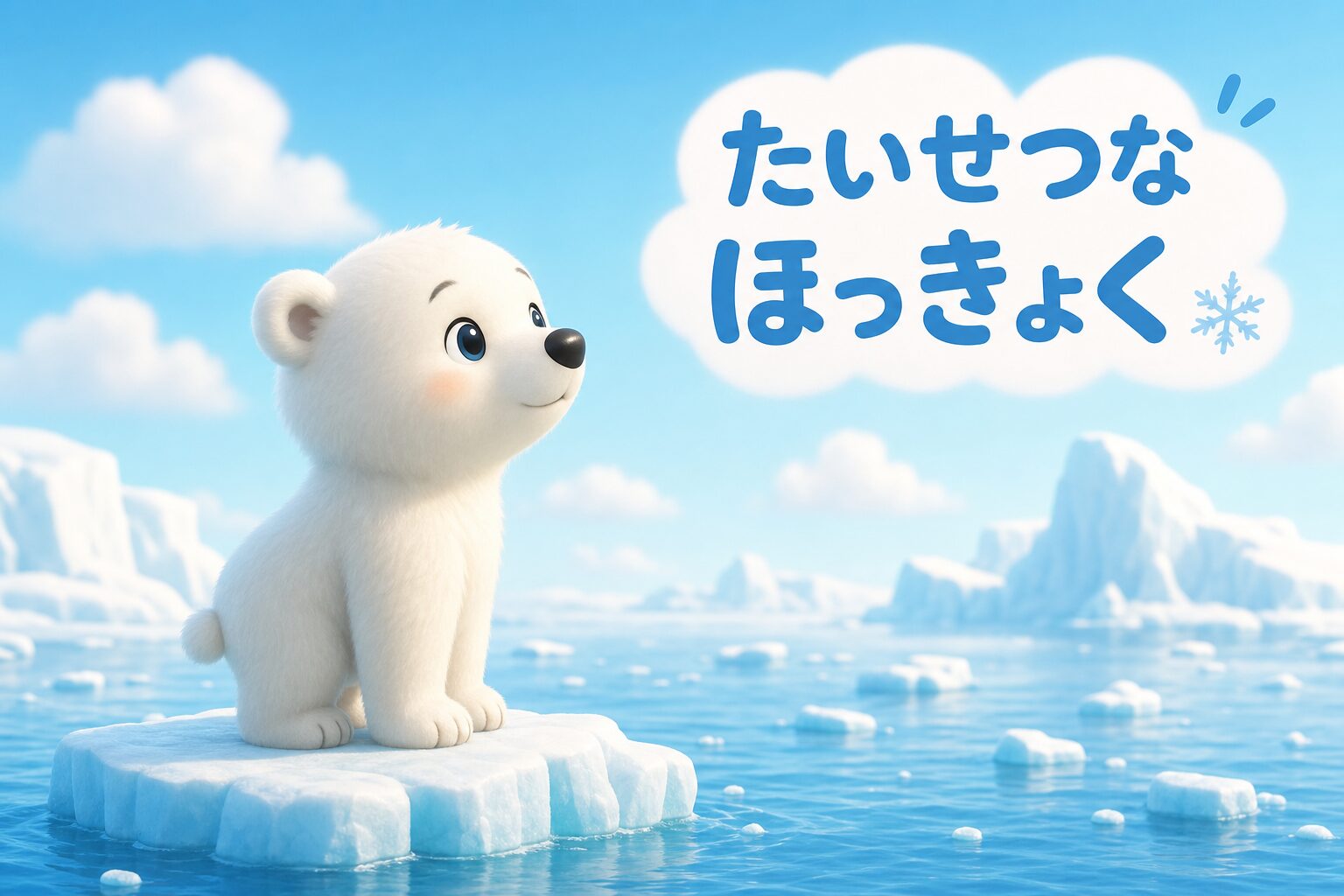 氷が減った北極で、かわいい北極グマが氷の上に立っているイラスト