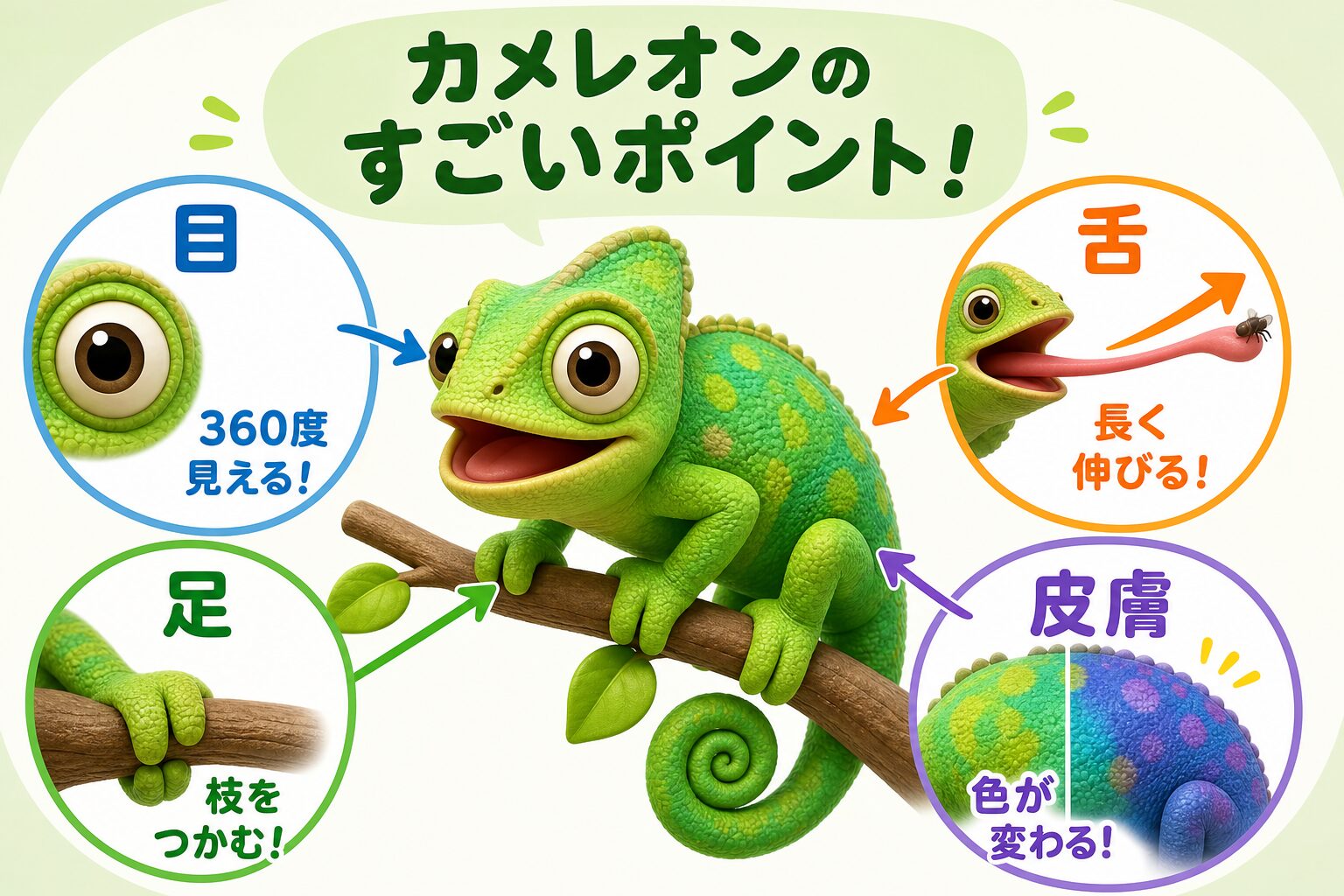 カメレオンの目・舌・足・皮膚のすごい特徴を示した図解
