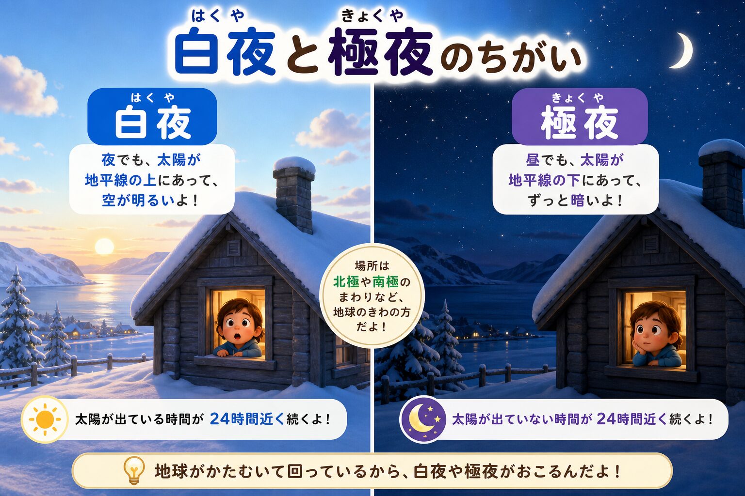 白夜は夜でも太陽が地平線の上にあって明るく、極夜は昼でも太陽が出ず暗いことを比べた図解