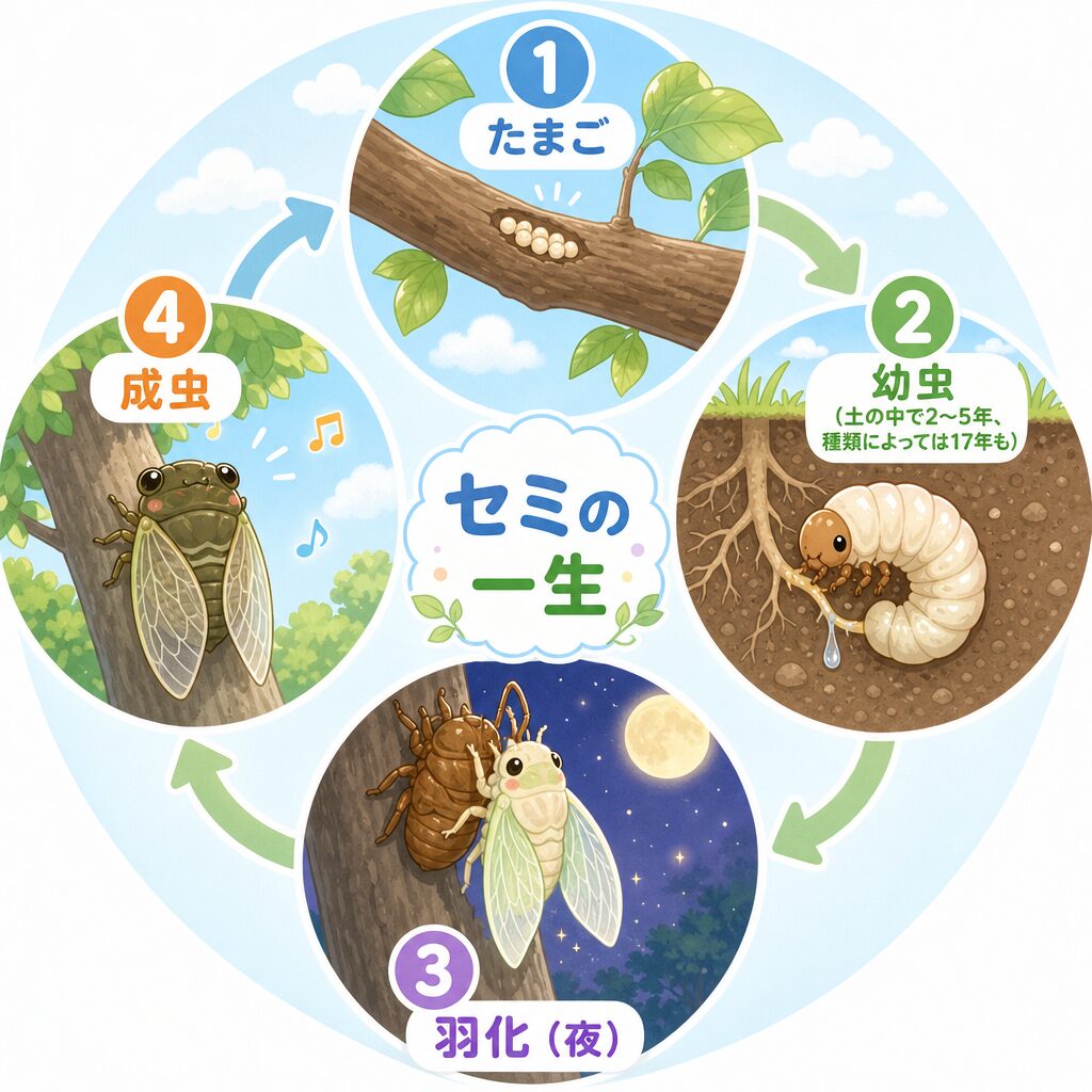 セミの一生（たまご→幼虫→羽化→成虫）の図解