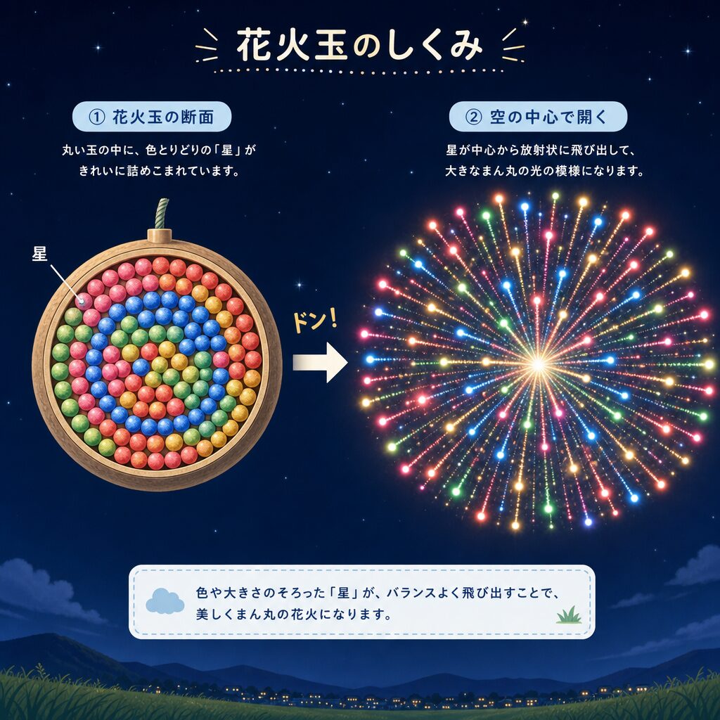 花火玉のしくみ(星が丸く開く)の図解