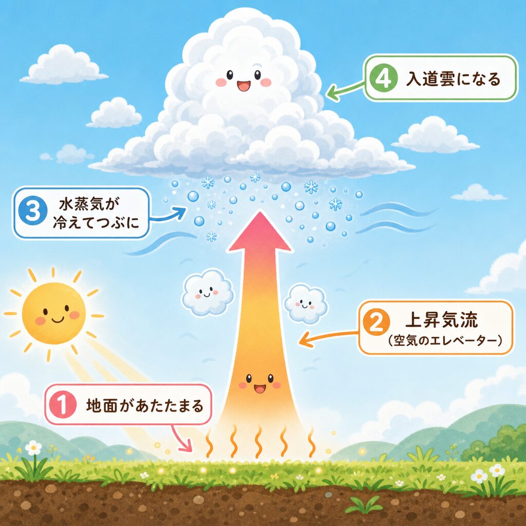 入道雲ができる仕組み（地面の熱→上昇気流→雲）の図解