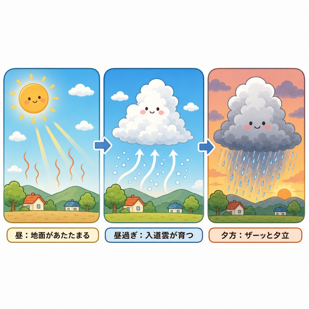 昼の暑さから夕立ができるまでの流れ図