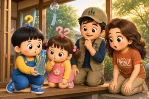 ラムネ瓶のビー玉を観察するもしまる家族のイラスト