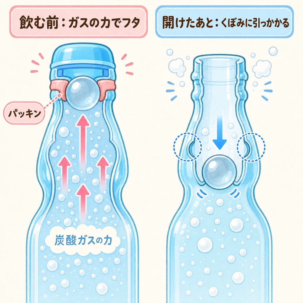 ラムネのビンの断面（ビー玉がフタになる仕組み）図解