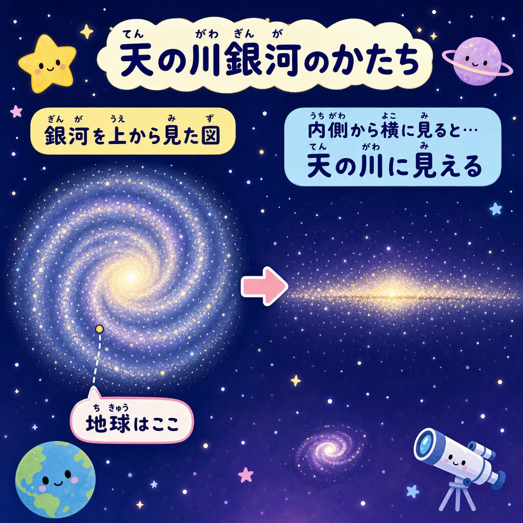 天の川銀河を内側から見ると帯に見える図解