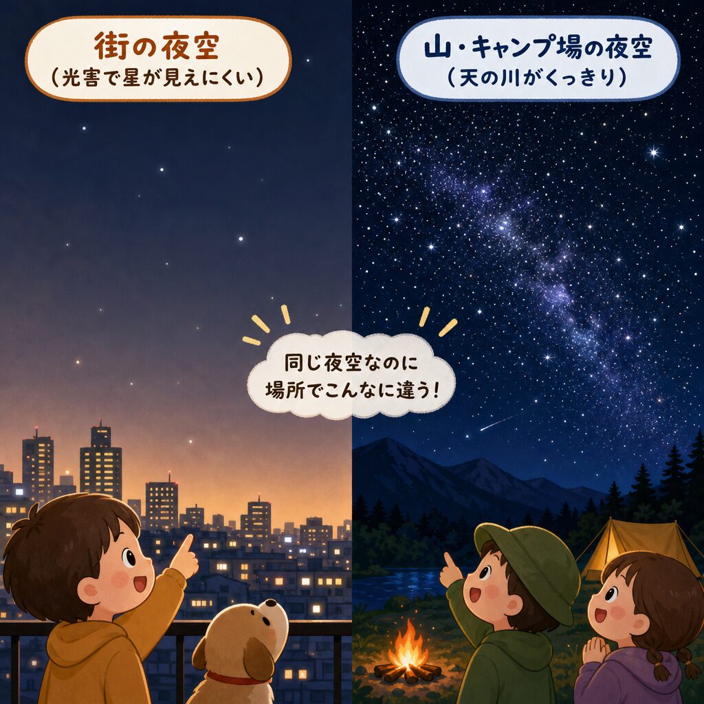 街とキャンプ場で夜空の見え方がちがう（光害）図解
