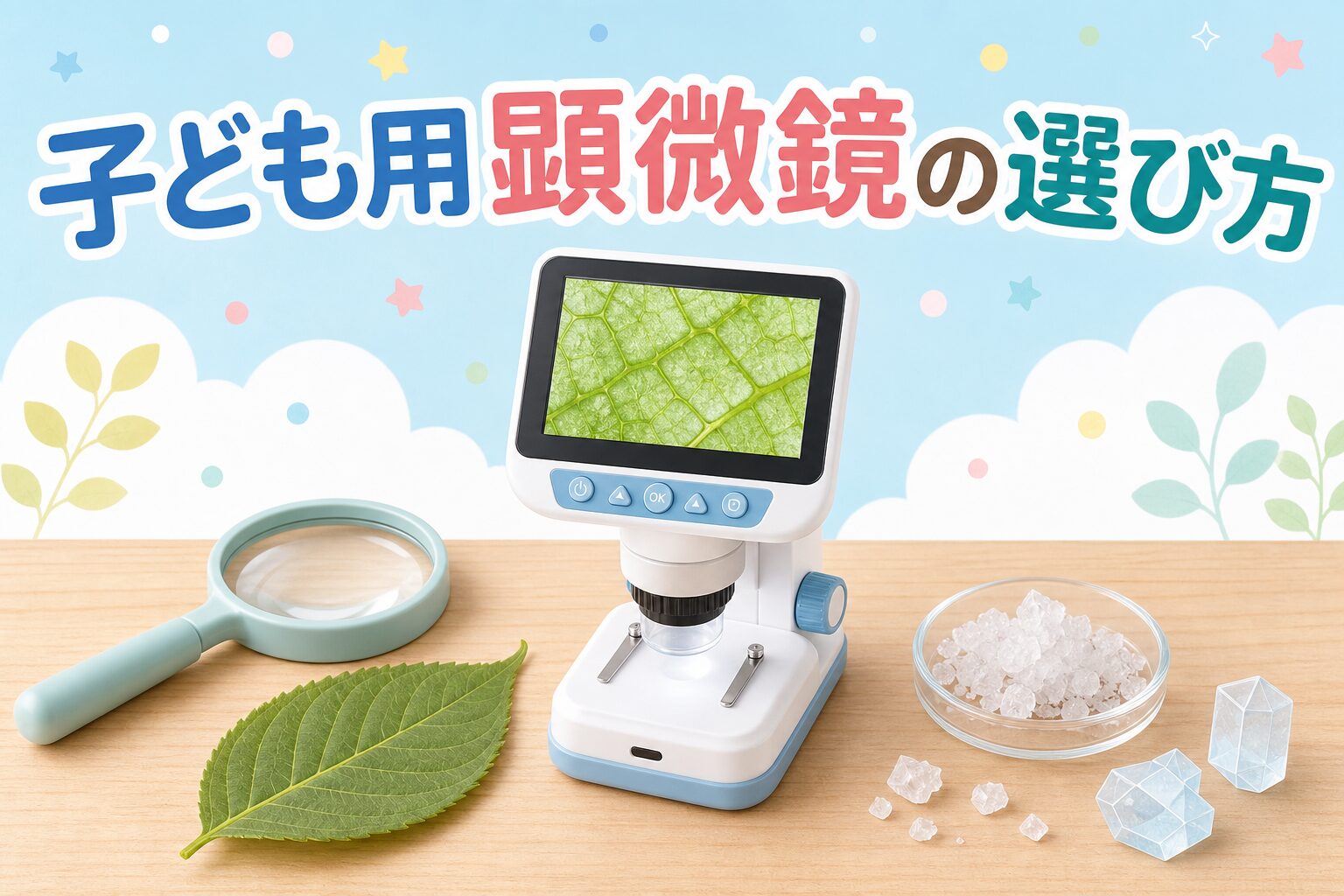 子ども用顕微鏡の選び方をまとめたアイキャッチ。デジタル顕微鏡・虫めがね・葉・塩の結晶のイラスト