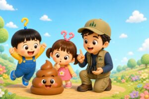 かわいい茶色のうんちキャラを囲むもしまる家の親子(もしもうんちが金だったら?のアイキャッチ)