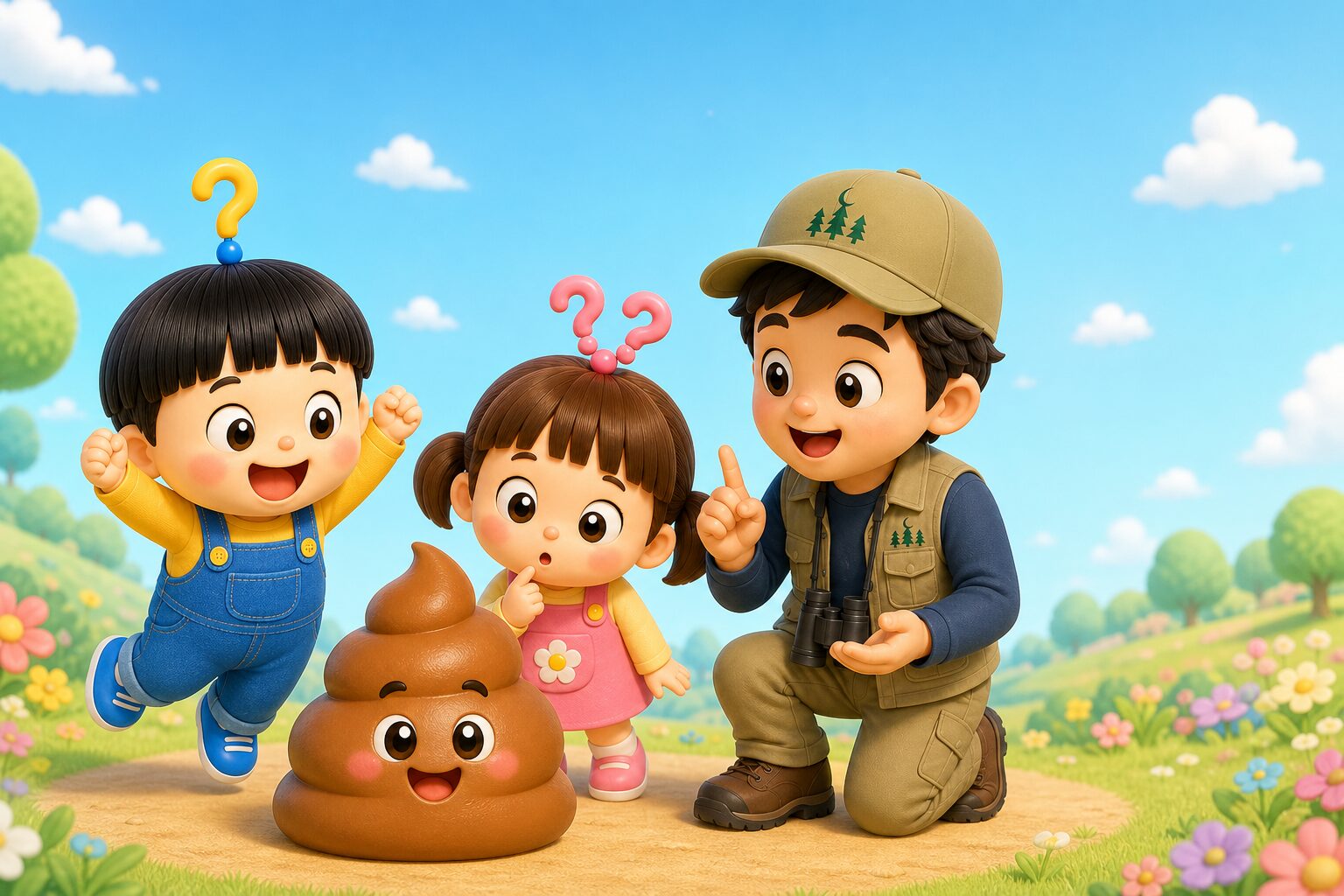 かわいい茶色のうんちキャラを囲むもしまる家の親子(もしもうんちが金だったら?のアイキャッチ)