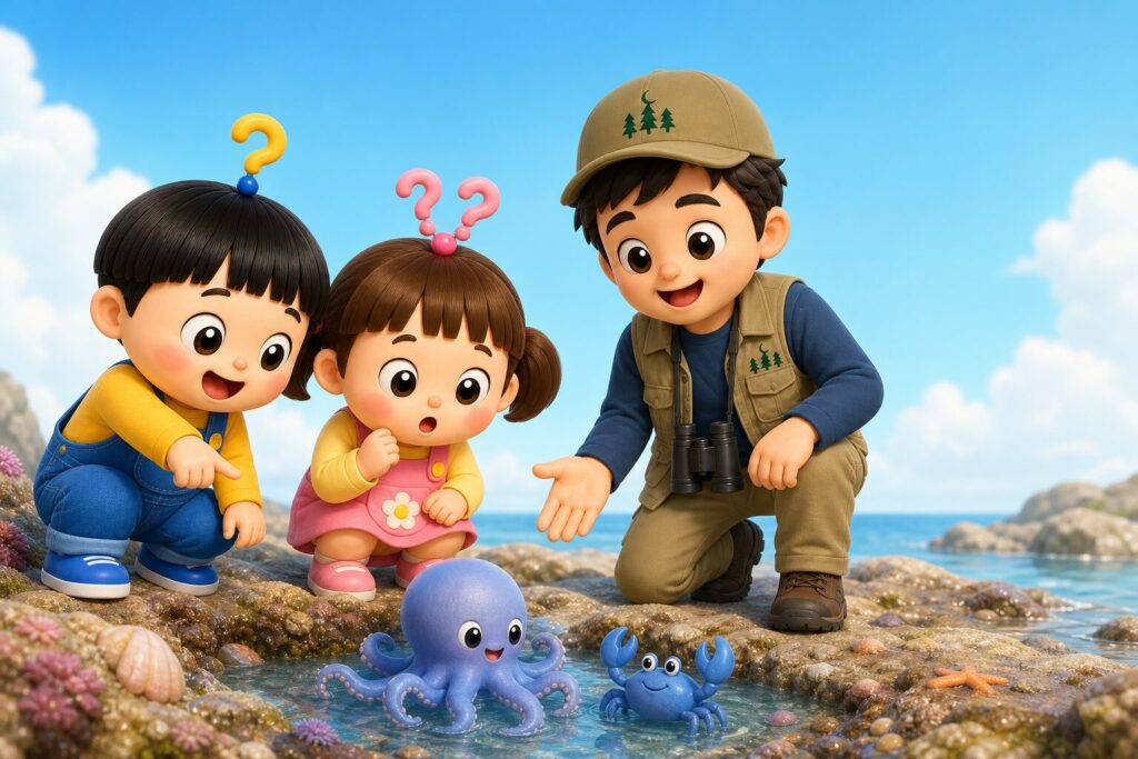 青いタコと青いカニをのぞきこむもしまる家の親子（もしも血液が青色だったら？のアイキャッチ）