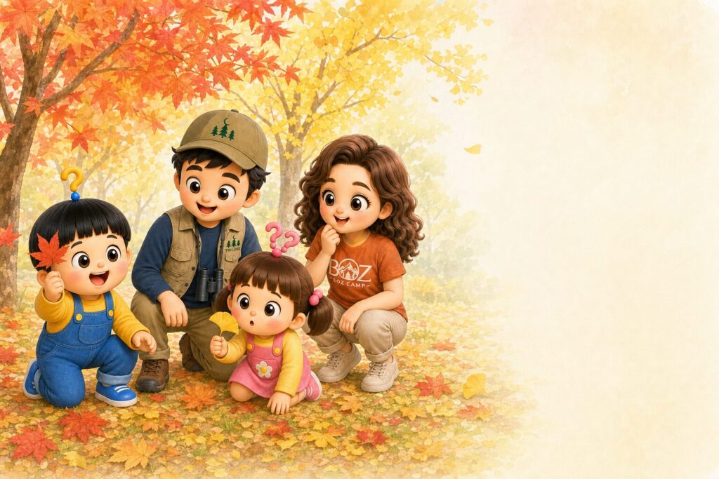 秋の公園で紅葉した葉っぱを見上げるもしまる家の家族4人のイラスト